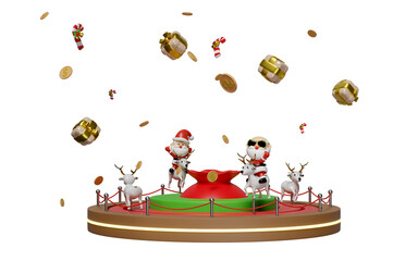 Carousel or merry go round with santa claus, reindeer, bag, coin, gift box, candy cane stick isolated. merry christmas and happy new year, 3d render illustration