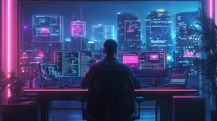 AI developer analyzing neural network code, floating holographic icons depicting data flow and machine learning models, sleek modern office setup with neon reflections, photorealistic detail,