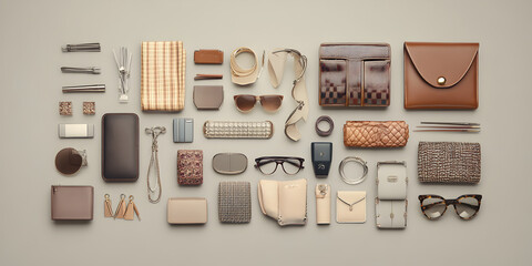 Flatlay Minimalist Accessories: A curated collection of stylish and functional accessories, showcasing a minimalist aesthetic with a muted color palette. The arrangement is clean and organized.
