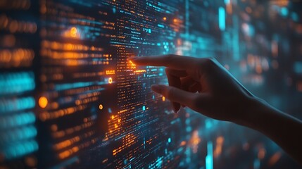 Close-up of a code review session, hands pointing at lines of code on a screen, constructive feedback notes visible, collaborative atmosphere in a sleek tech office, vibrant ambient lighting,