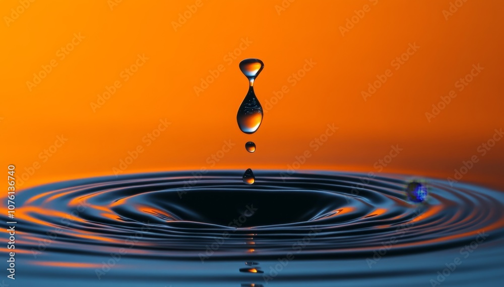 Poster A single water drop falls into a pool of water, creating ripples and a splash.  The drop is in mid-air, and the background is a warm orange color.