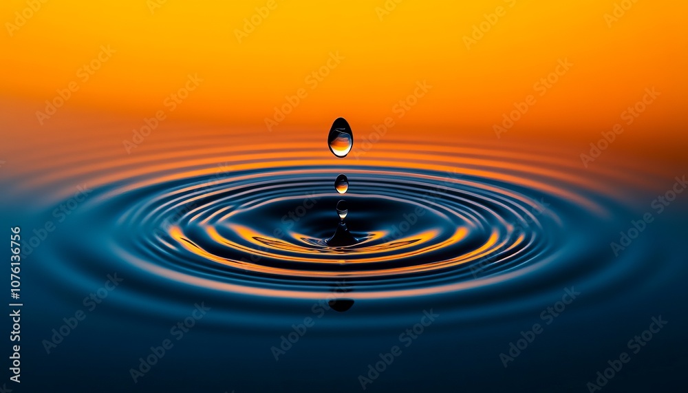 Poster a single water drop falls into still water, creating concentric ripples against a vibrant orange and