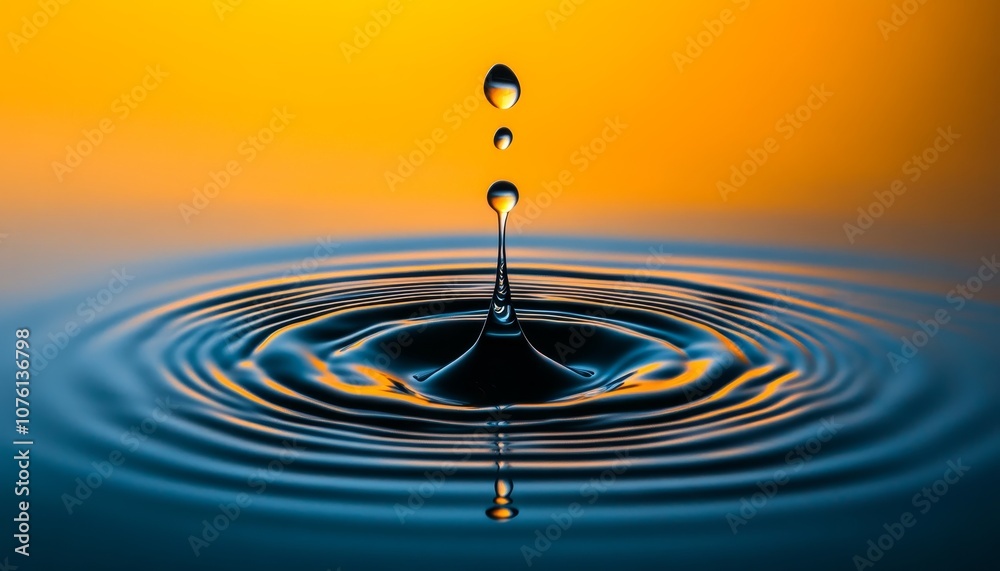 Poster a single water droplet falls into a still body of water, creating concentric ripples. the background