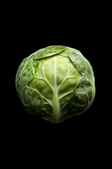 Macro shot of a fresh Brussels sprout illuminated against a dark backdrop, showcasing its intricate textures and vibrant green color