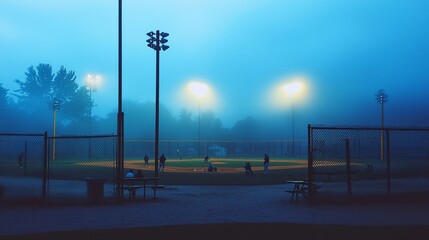 Discover the enchantment of a foggy morning baseball game under dimming stadium lights as mist hovers over the field