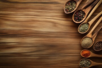 A collection of various spices in wooden spoons on a wooden background.