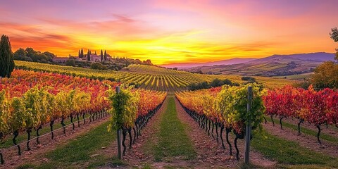 A breathtaking sunset casts its glow over lively vineyards, enhancing the beauty and charm of the landscape filled with colorful grapevines.
