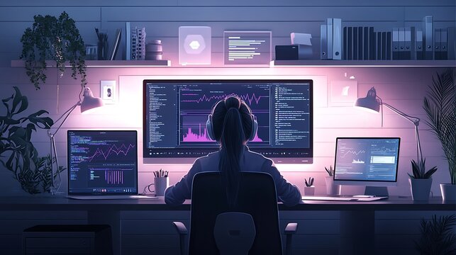 Data scientist working on a machine learning model, screen filled with Python code, training graphs, and accuracy metrics, modern tech office with a clean, minimalist design, ambient lighting,