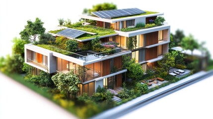 Obraz premium Sustainable Modern Architecture with Green Roof and Solar Panels