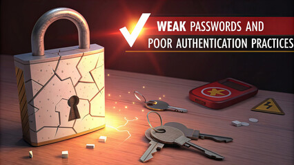 Weak passwords and poor authentication practices highlighted in image