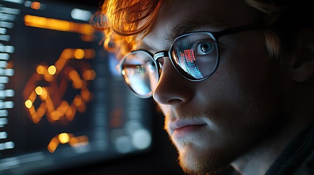 Developer analyzing big data insights with Python code on one screen and a complex graph on another, modern office setup with ambient lighting, intense focus on the programmer&rsquo;s face,