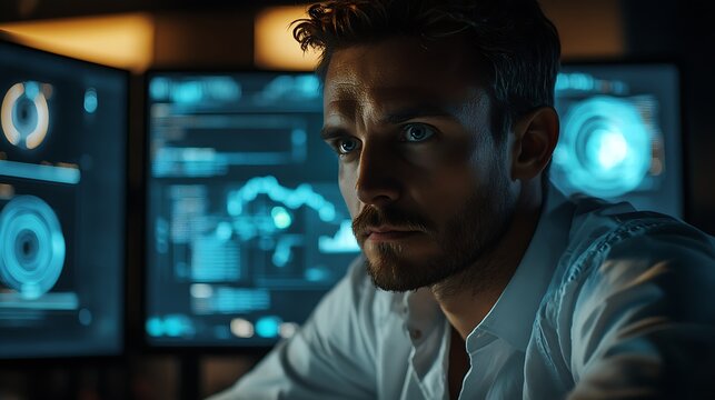Developer analyzing big data insights with Python code on one screen and a complex graph on another, modern office setup with ambient lighting, intense focus on the programmer&rsquo;s face,
