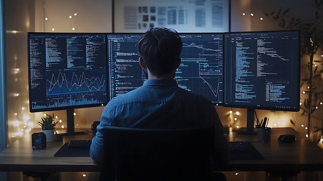 Developer analyzing big data insights with Python code on one screen and a complex graph on another, modern office setup with ambient lighting, intense focus on the programmer&rsquo;s face,
