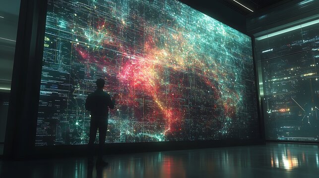 Developer analyzing Python code for a deep learning model, large screen filled with colorful neural network diagrams and data visualizations, sleek tech office with ambient lighting,