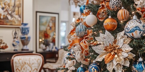 Close up of a beautifully adorned Christmas tree featuring decorations inspired by the Mediterranean style, showcasing vibrant colors and festive elements.