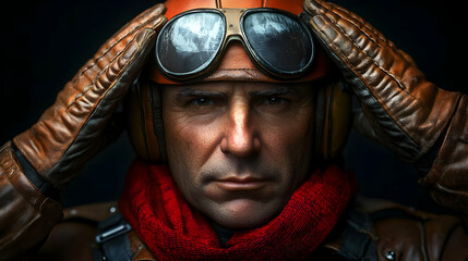 Portrait of a Man Wearing Leather Gloves and Aviator Goggles - Realistic Image