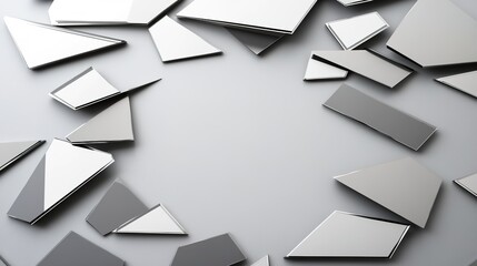Abstract arrangement of various reflective geometric shapes in shades of silver and gray creating a modern and artistic backdrop for design projects or presentations