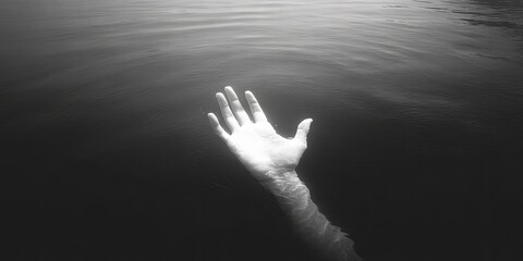 A ghostly hand emerges from the depths of shadowy waters, symbolizing the essence of fear and evoking a sense of dread. The hand embodies that fear.