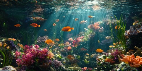 Naklejka premium Underwater Aquarium Scene Featuring Colorful Exotic Fish High Quality Visual Representation of Aquatic Life in an Impressive Aquatic Environment.