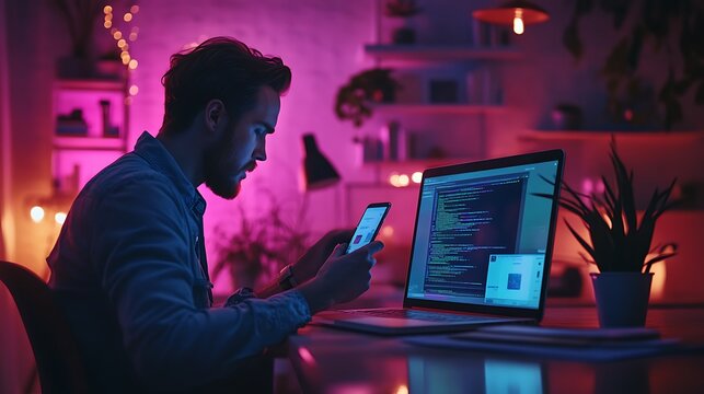 Developer working on mobile app testing, phone in one hand displaying the app interface, laptop screen showing the code editor, ambient neon lighting, modern tech office with sleek decor,