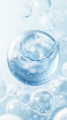 Hyaluronic Acid Moisture Droplet for Skincare, Hydrating Serum Close-up, Beauty Ingredient in Blue Background. Close-up shots, raw graphic photos. Cosmetics advertising materials.