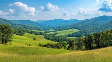 Naklejka premium Lush green rolling hills create a captivating panoramic view, perfect for themes centered around nature and the environment. This scene offers ample photo style copy space.