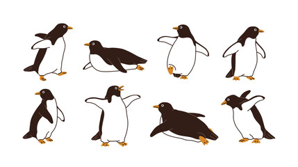 Cute penguins set. Funny Arctic Antarctic animals in clumsy poses, lying, walking with wings spread. Polar birds, wild mammal characters. Flat vector illustration isolated on white background
