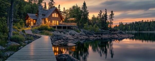 Fototapeta premium A wooden cabin sits on the edge of a lake, surrounded by trees. The sun is setting, casting a golden glow over the water. A wooden walkway leads to the cabin.