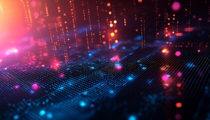 Obraz premium A vibrant, abstract representation of digital data streams with colorful lights and patterns creating a futuristic atmosphere.