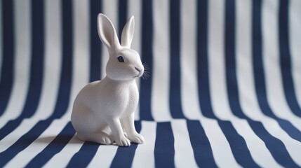 Playful rabbit figurine positioned on a navy and white striped backdrop, perfect for enhancing the charm of Scandinavian home decor with ample copy space for creative use.