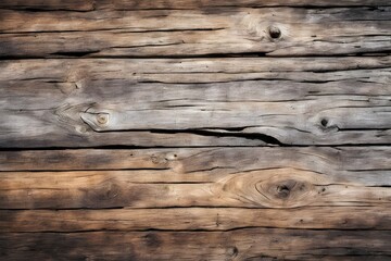 A close-up view of weathered wooden planks with visible grain patterns, knots, and cracks, creating a rustic and aged appearance. Ideal for natural materials or woodworking concepts