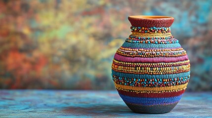 Vibrant clay vase decorated with an array of multi-colored beads and threads, creating a striking visual impact. Ideal for design concepts with ample copy space.