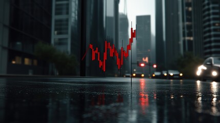 Cityscape with Reflections on Wet Pavement and Abstract Financial Chart Design Overlaid, Representing Market Trends and Urban Business Environment