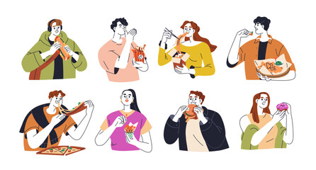 People eating fast junk food set. Men, women having unhealthy meals, fat snacks. Hungry characters enjoying burger, pizza, sandwich, crisps. Flat vector illustration isolated on white background