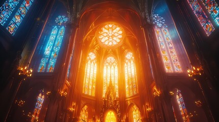 Obraz premium Interior of a church with stained glass windows and warm light.