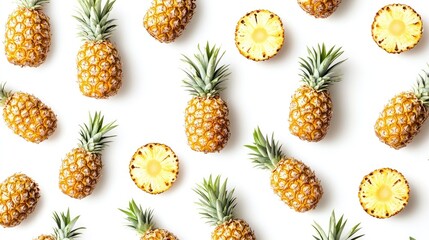 Overhead view of sliced pineapple fruits on a clean white background, emphasizing the vibrant colors and textures of pineapple in a visually appealing composition, with ample copy space.