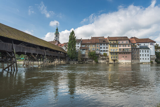 Aare river and old town of Olten with historic wooden bridge, Canton of Solothurn, Switzerland