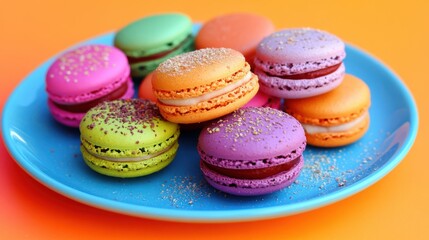 Fototapeta premium colorful macarons in flavors like pistachio, raspberry, and vanilla, beautifully arranged on a neon blue plate bold colors of the macarons, neon orange background