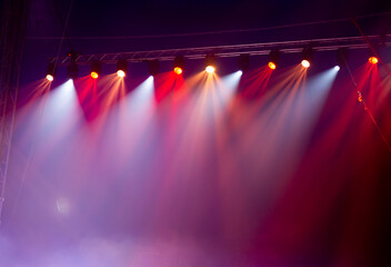 Colorful stage spotlights. Lights beam for showing presentation.