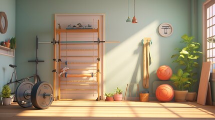 A photo of a 3D character setting up a home gym