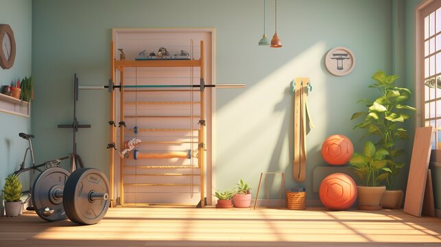 A photo of a 3D character setting up a home gym