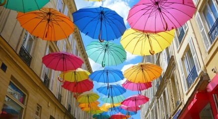 Colorful umbrellas hang above a sunny street in a European city.