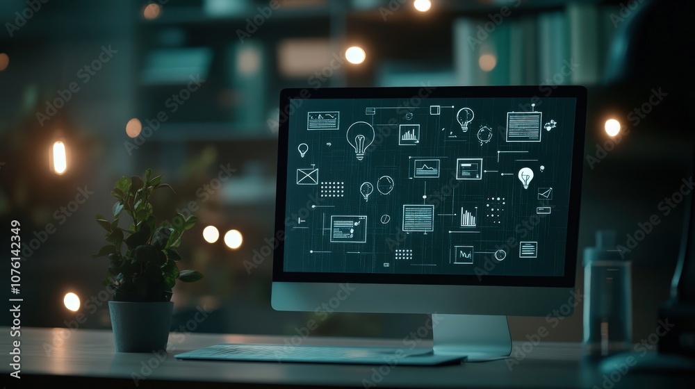 Poster Modern Computer Screen Displaying Colorful Digital Interface with Creative Icons and Flowing Data in a Stylish Work Environment at Night