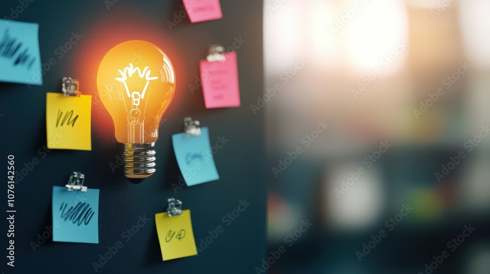 Poster creative light bulb idea with sticky notes on a dark surface, symbolizing inspiration, innovation, a