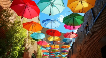 A colorful display of umbrellas hang above an alleyway, creating a vibrant and whimsical atmosphere.