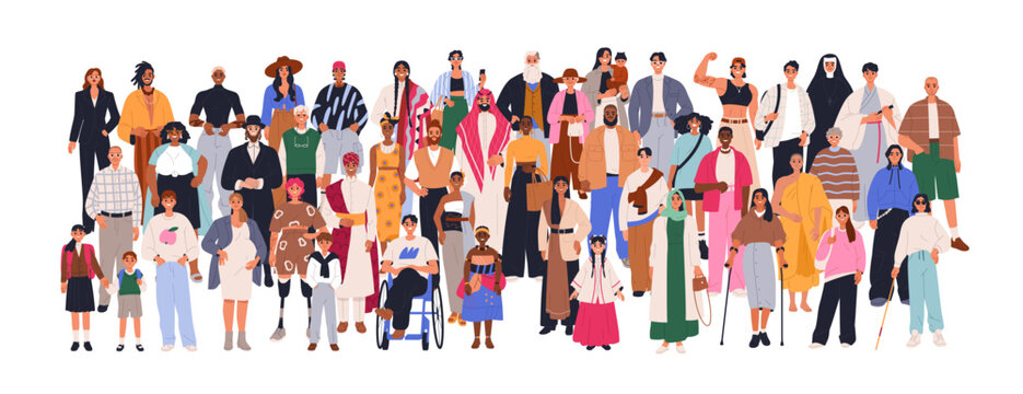 Diverse crowd. Multicultural inclusive society. Multiracial international group, people with disabilities, different culture, race. Flat graphic vector illustration isolated on white background