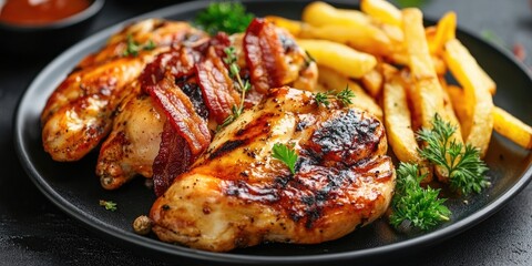 Vibrantly arranged chicken served alongside crispy French fries and savory bacon on a delightful plate, creating a colorful and appetizing meal experience.