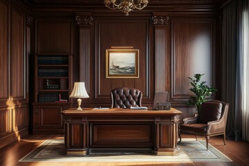 A luxurious, wood-paneled office with a large desk, leather chairs, and a painting above it.  The room has a bookcase, a lamp, and a plant.