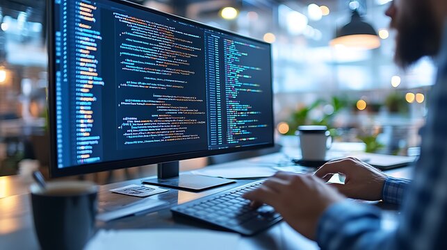 Pair programming in action, two developers sharing a screen with code and debugging tools, clean desk setup with coffee cups and notebooks, warm ambient light from a desk lamp, photorealistic detail,
