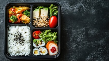Traditional bento lunch box filled with rice and various delicious ingredients, emphasizing the art of bento presentation. Ideal for showcasing culinary creativity with copy space available.